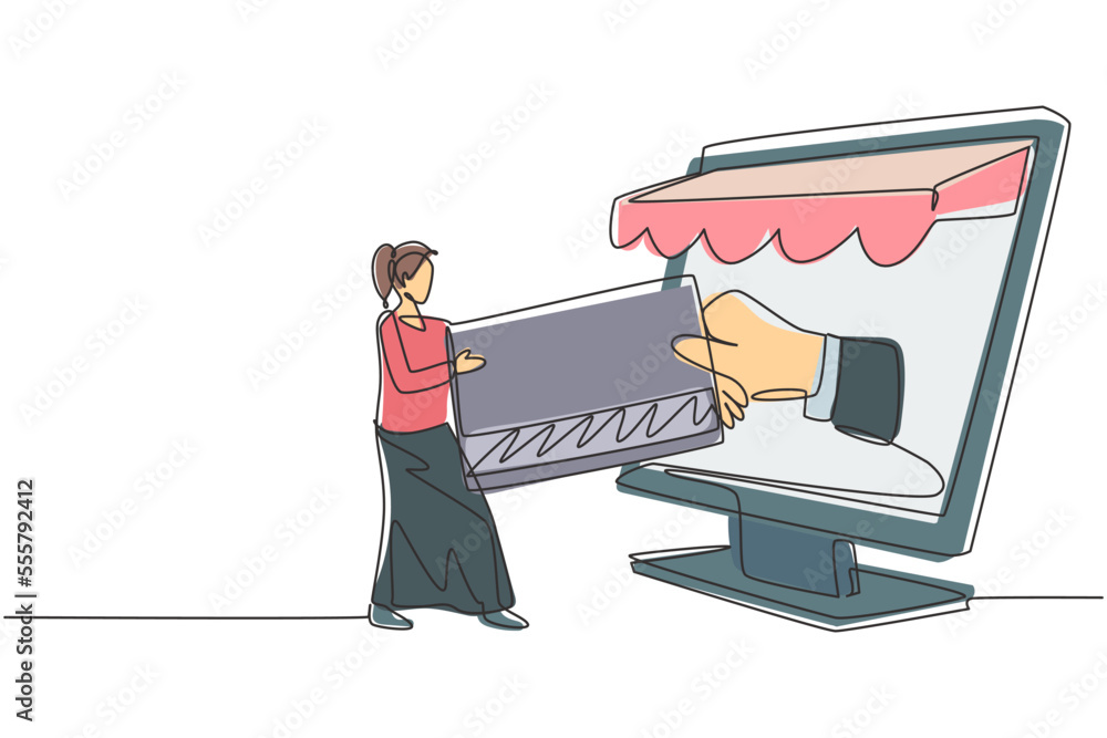 Poster single continuous line drawing young female inserting credit card into canopy monitor screen and acc