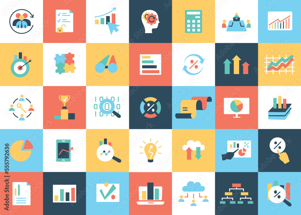 Poster analytics icons set. collection of graphic elements for website. statistics and information processi