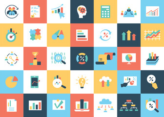 Analytics icons set. Collection of graphic elements for website. Statistics and information processing, infographics on Internet. Cartoon flat vector illustrations isolated on colorful background