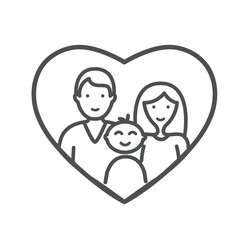 Adoption family with kid. Man and woman with little boy in heart silhouette. Love, tenderness and care. Sticker for social networks. Positivity and optimism. Cartoon flat vector illustration