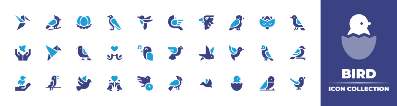 Bird icon collection. Duotone color. Vector illustration. Containing humming bird, cardinal, eggs, eagle, hummingbird, bird, arctic tern, eye mask, peace, origami, pigeons, dove, swallow, and more.
