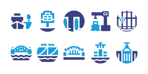 Harbour icon set. Duotone color. Vector illustration. Containing port, berthing aid system, berth, harbour, sydney harbour bridge, deposit, control tower, container.