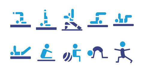 Pilates icon set. Duotone color. Vector illustration. Containing yoga, stretch, boat, half, reverse, push up, corkscrew, shoulder, pilates, cat, warrior, exercise, half moon, single.