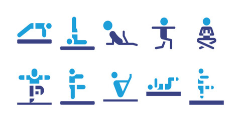 Pilates icon set. Duotone color. Vector illustration. Containing stretch, mat, roller, yoga mat, meditation, ball, yoga ball, ladder barrel, reformer, bosu ball, step, yoga, yoga pose, wheel, bag.