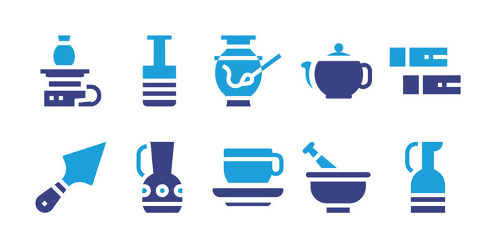 Pottery icon set. Duotone color. Vector illustration. Containing lathe, bottle, paint, teapot, clay, spatula, jar, cup, mortar.
