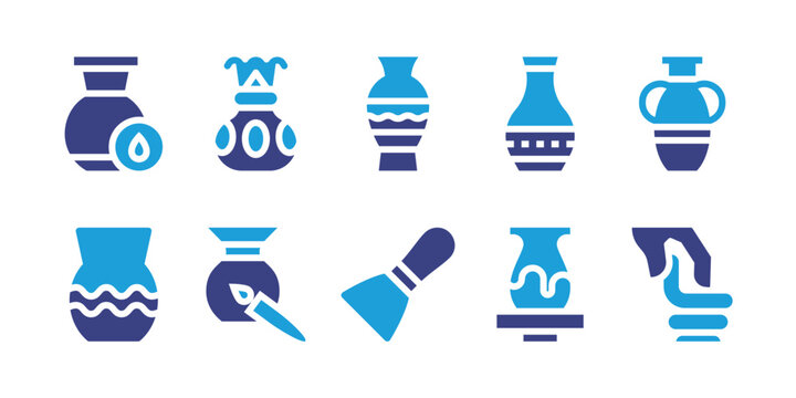 Pottery icon set. Duotone color. Vector illustration. Containing humidity, vase, amphora, pottery, ceramic, putty knife, modeling.