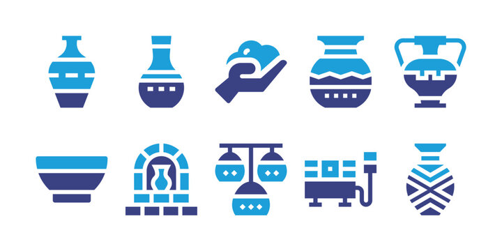 Pottery icon set. Duotone color. Vector illustration. Containing vase, clay, bowl, furnace, chandeliers, electric.