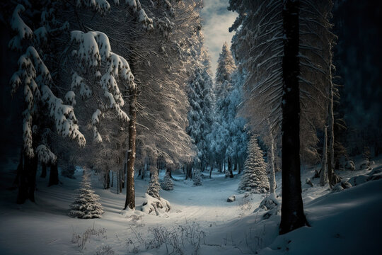 Stunning image of a woodland with many trees in the winter in the Swiss Alps. Generative AI