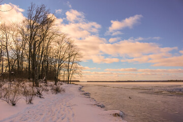 Beautiful winter landscape at the ravine Petrie Island, Ottawa river