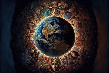 Spiritual Vision of the entire Planet with all the beings that belong to it. It can be seen humans and non humans represented as different kinds of creatures, shapes, and colors