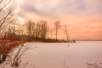 Beautiful winter landscape at the ravine Petrie Island, Ottawa river