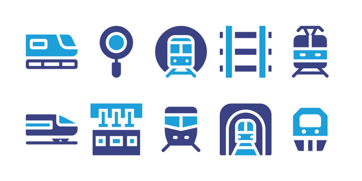 Railway icon set. Vector illustration. Containing train, pit stop, metro, railway, high speed train, monorail, subway