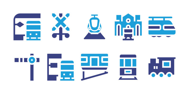 Railway icon set. Vector illustration. Containing subway, railroad crossing, high speed train, train station, train, clear, train stop, funicular, metro