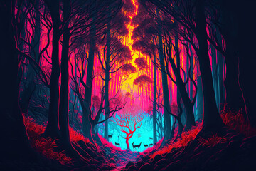 Sunset in a mysterious, surreal woodland, fantasy neon forest Beautiful neon landscape. Generative AI