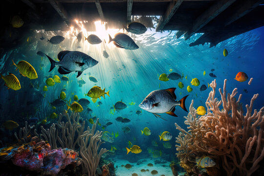 Stunning image of a tropical fish filled underwater world at Caye Caulker Island. Generative AI