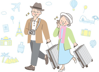 仲良く旅行する中年夫婦のイラスト素材