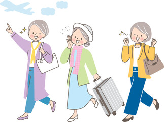 友達と旅行に行く3人の中年女性達のイラストセット