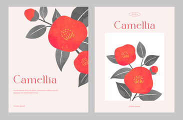 Minimalist floral invitation card template. Red Japanese camellia background, Watercolor style. Cover, card, poster, flyer, banner. Modern art design. Hand drawn. Trendy Flat vector illustration.