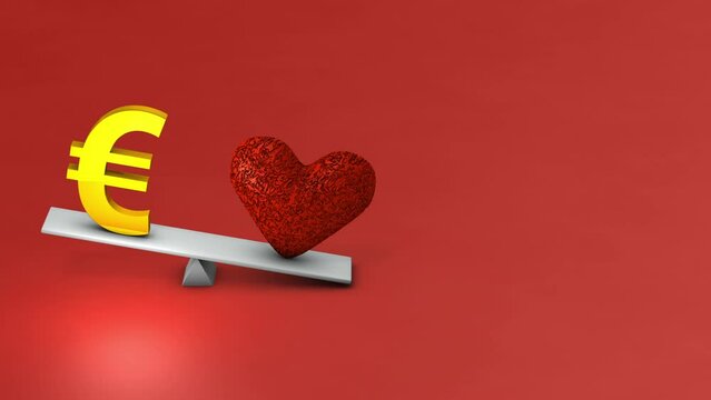 シーソーの上に置かれた、ハートマークとユーロ通貨記号。心は次第に荒れて、傷つく。打算の象徴。
