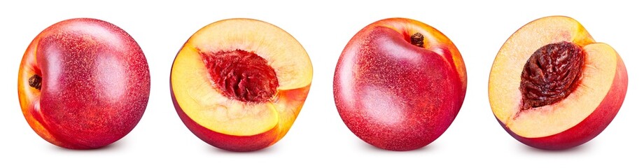 Red peach half isolated on white background. Peach clipping path. Peach fruits