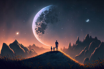 Fototapeta premium The Big Moon and Shooting Stars in the Beautiful Night with the Father and Son. Digital CG Artwork, Concept, and Realistic Cartoon Style for Video Games Background. Generative AI