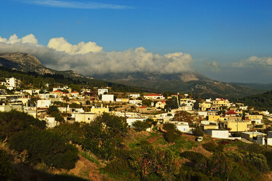 Scenic overview of Monolithos village, Rhodes, Dodecanese, Aegean Sea, Greece, Europe