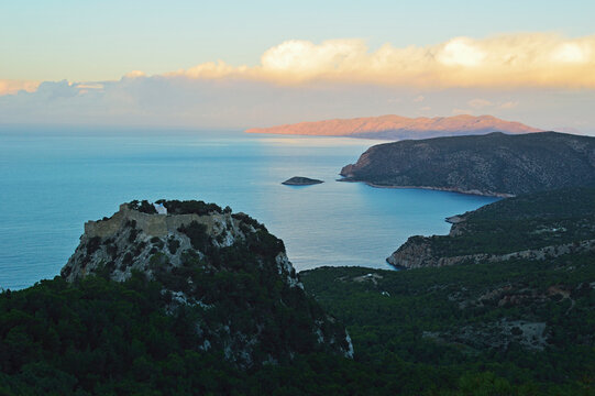Monolithos Castle and Aegean Sea, Rhodes, Dodecanese, Aegean Sea, Greece, Europe