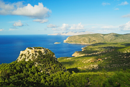 Monolithos Castle and Aegean Sea, Rhodes, Dodecanese, Aegean Sea, Greece, Europe