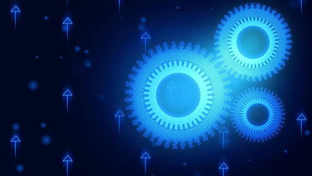 Software Optimization and Update Status,  Operative System and Management, Futuristic Gears with Copy space and Arrow up. Abstract animation with blue glowing cogwheel working  in dark background. 4k 