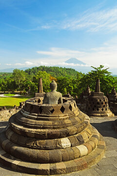 Borobodur with Mount Merapi in the distance, Kedu Plain, Java, Indonesia