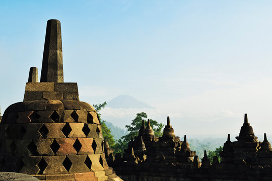 Borobodur with Mount Merapi in the distance, Kedu Plain, Java, Indonesia