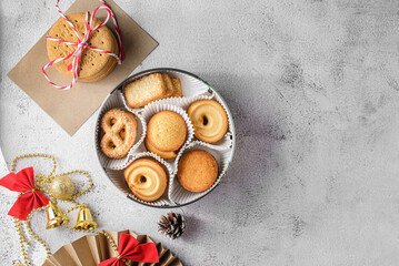cookies in a Christmas box on a light background