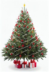 Obraz na płótnie Canvas Christmas Tree Single Ornaments Lights Presents Vertical Flat White Background Image
