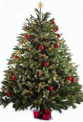 Christmas Tree Single Ornaments Lights Presents Vertical Flat White Background Image