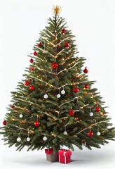 Fototapeta na wymiar Christmas Tree Single Ornaments Lights Presents Vertical Flat White Background Image