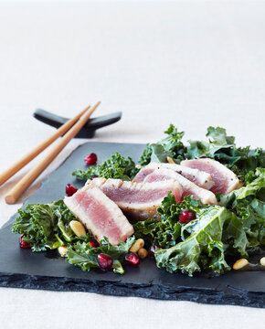 Ahi Tuna & Kale Salad with Pine Nuts and Pomegranates, Studio Shot