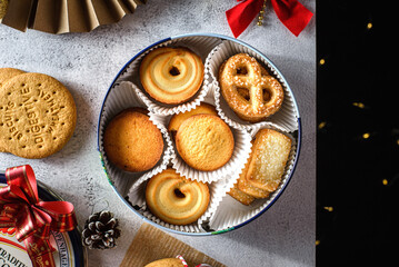 cookies in a Christmas box on a light background