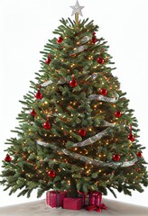 Christmas Tree Single Ornaments Lights Presents Vertical Flat White Background Image