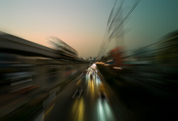 Motion blur. Perspective. Electric train, monorails. In the center is station picks up and down passengers., Modern transportation system in rush hour. Blurred behind is the sky