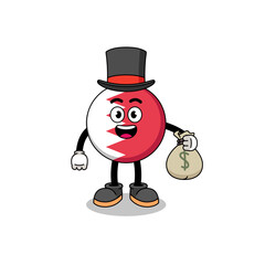 bahrain flag mascot illustration rich man holding a money sack