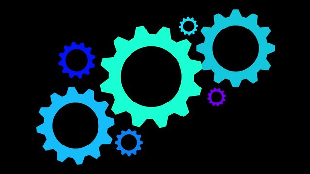 Group of Cogwheels on dark background. Colored Gear Connected Rotating. Teamwork Working Concept 