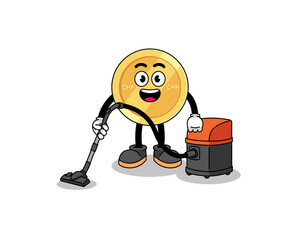 Character mascot of swiss franc holding vacuum cleaner