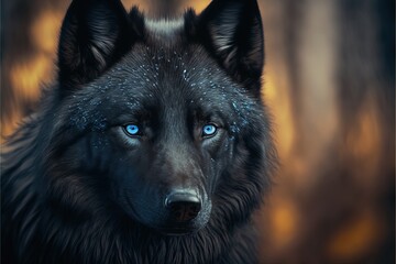 Fototapeta premium Black wolf with blue eyes, beautiful wild animal