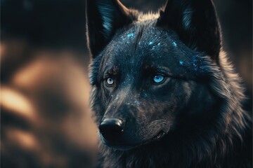Black wolf with blue eyes, beautiful wild animal