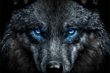 Black wolf with blue eyes, beautiful wild animal - obrazy, fototapety, plakaty