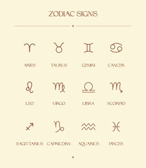 Zodiac Signs Design Illustrations. Esoteric Vector Elements. Icons.