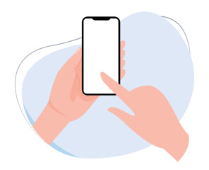 smartphone with blank screen. hand holding smartphone. finger touch screen. flat vector illustration of a hand holding a smartphone. mobile phone vector template
