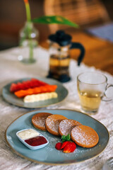 Close-up of pancake with strawberries