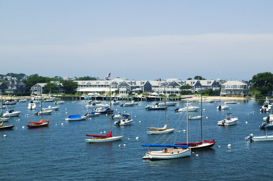 Sailboats and Inn, Nantucket Harbor, Massachusetts, USA