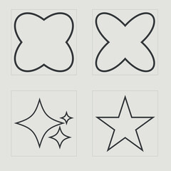 Set of Y2K style vectors of objects. Brutalism star and flower shapes. For modern T-shirts designed. Isolated on black background. Vector illustration